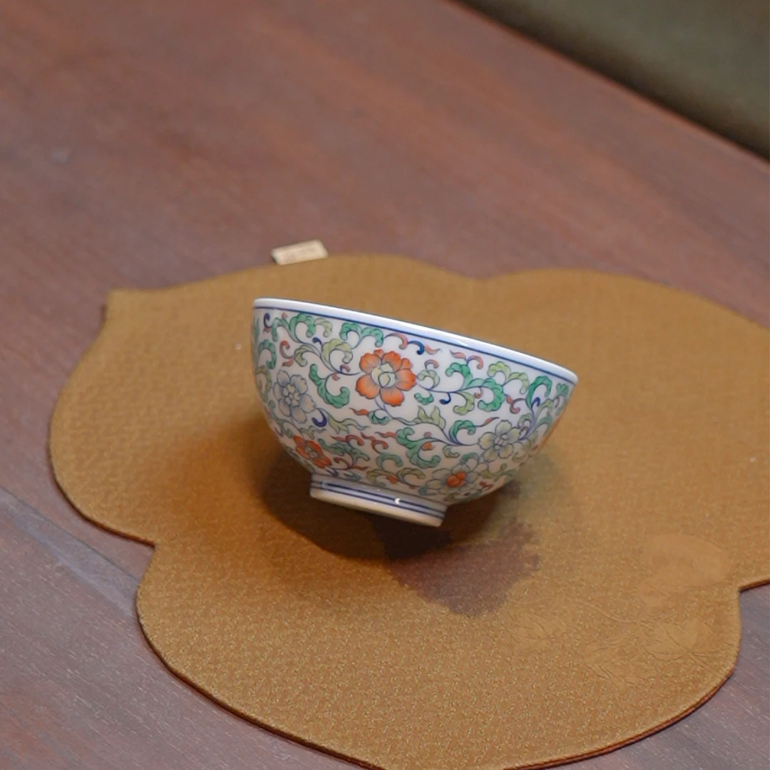 涂杏花窑 斗彩缠枝莲鸡心杯 景德镇陶瓷 J
