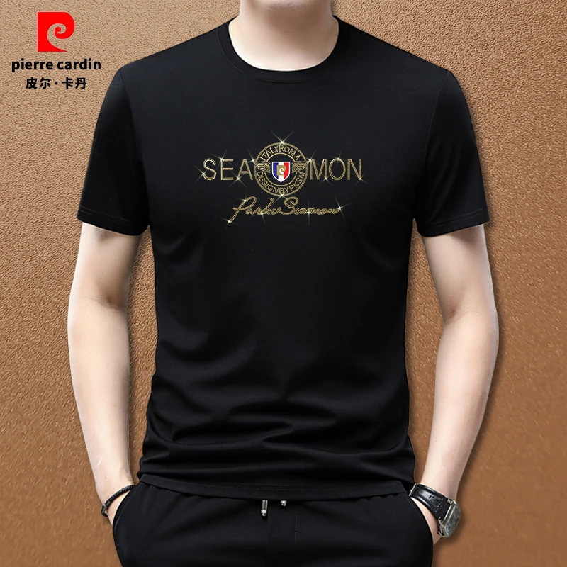 皮尔卡丹正品潮牌帅气烫钻印花短袖男装针织大码莫代尔棉半袖夏季