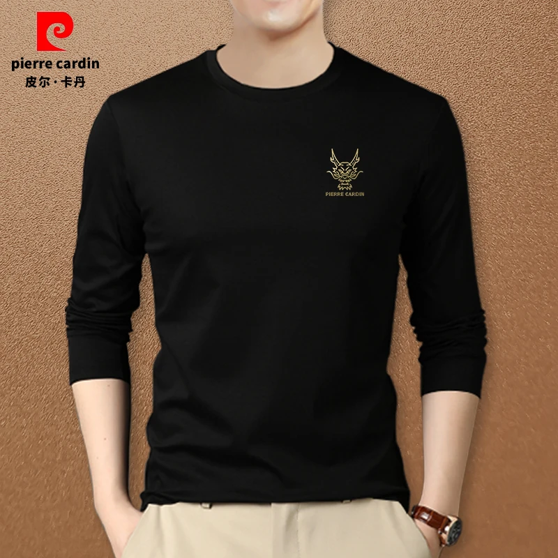皮尔卡丹春季新款圆领长袖打底衫青年简约时尚字母印花男士长袖衫