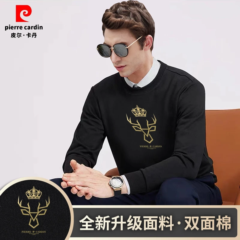 皮尔卡丹男士高端鹿头时尚印花圆领卫衣时尚简约休闲长袖修身显瘦