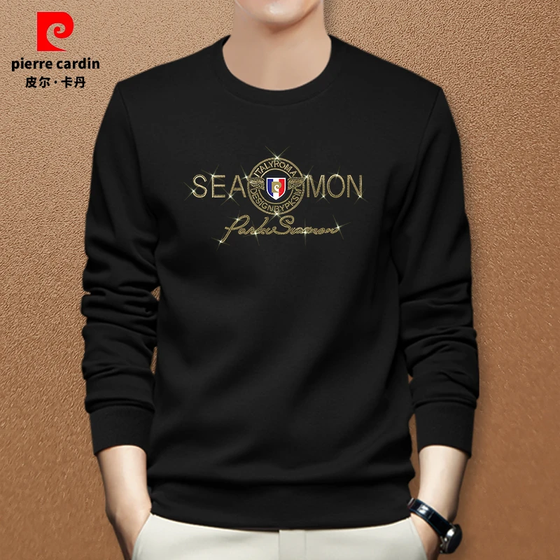 皮尔卡丹卫衣男秋冬新款圆领潮牌休闲烫钻印花大码百搭针织打底衫