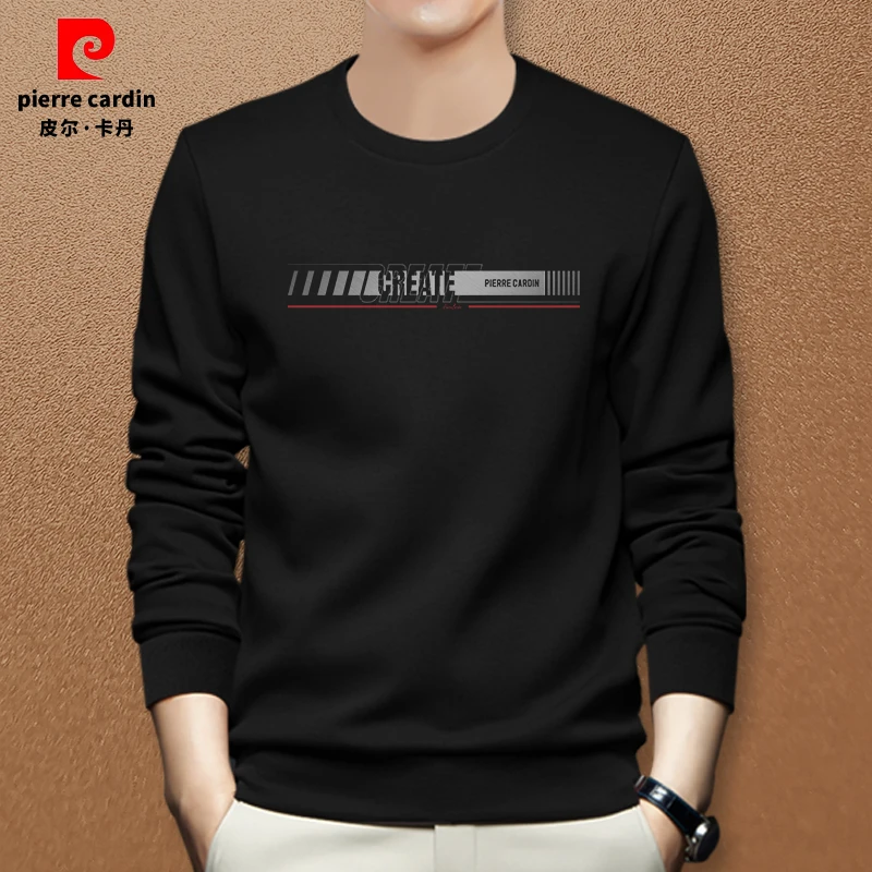 皮尔卡丹专柜新品男士时尚休闲卫衣黑色百搭时尚字母印花套头长袖