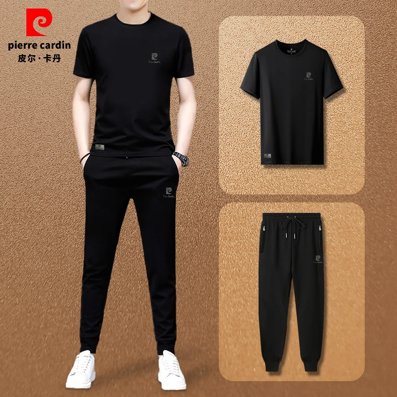 皮尔卡丹正品男士圆领短袖针织衫莫代尔棉半袖束脚裤休闲套装夏季