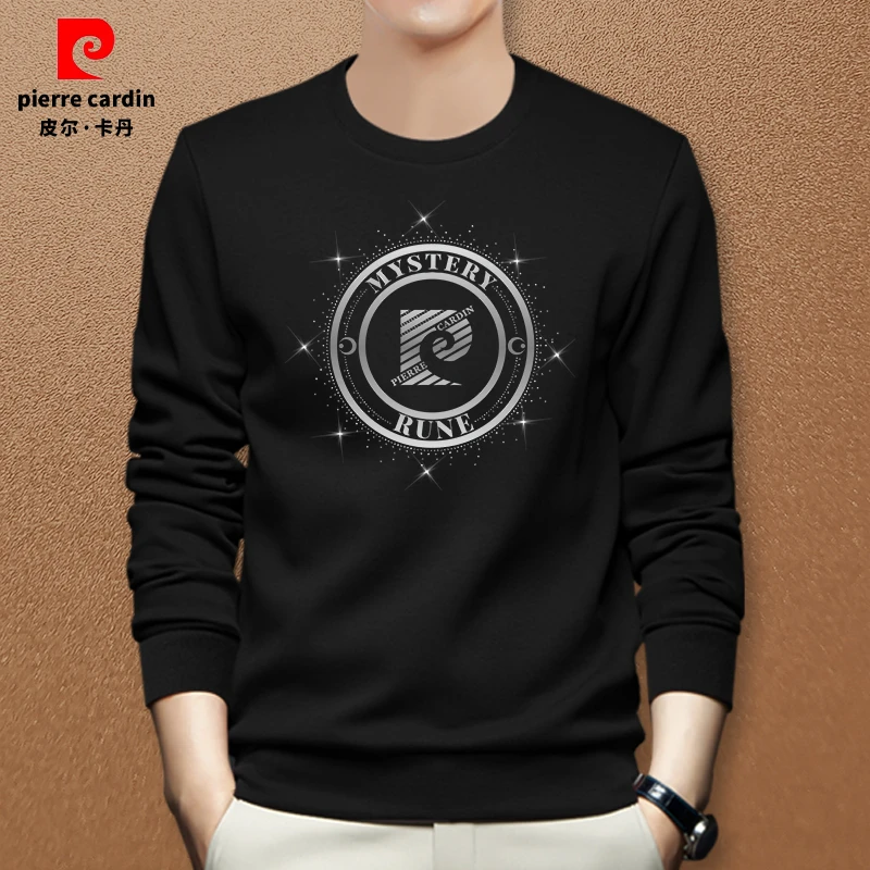 皮尔卡丹新款纯棉时尚百搭烫钻印花卫衣男装大码秋季休闲圆领长袖