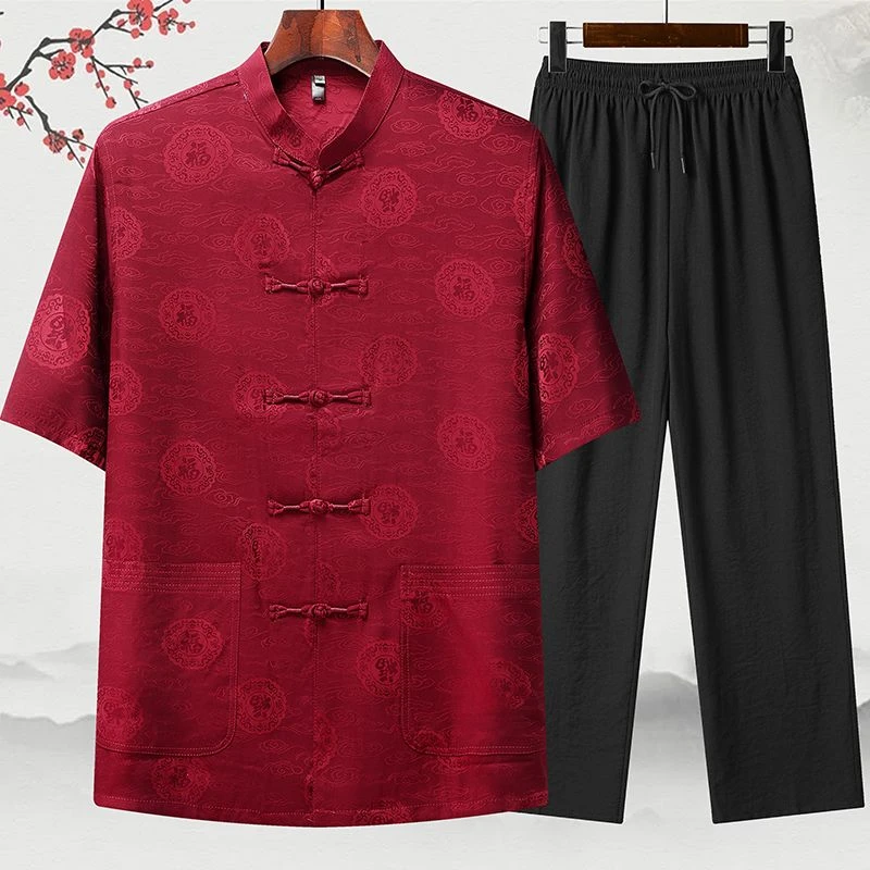 夏季男士立领短袖套装中老年唐装休闲宽松高档太极服爸爸装爷爷装