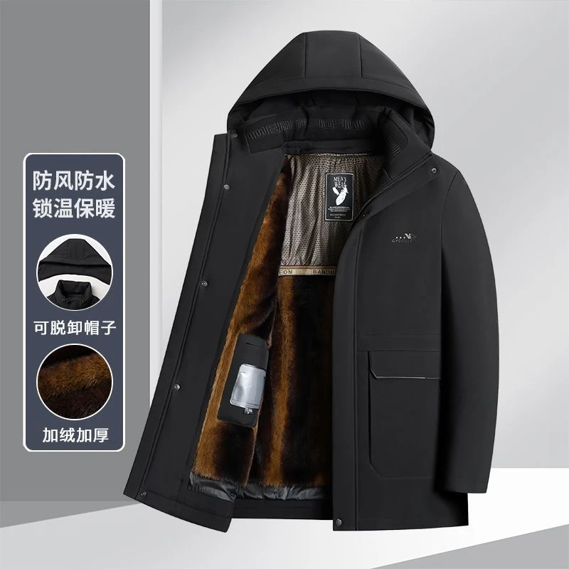 冬季爸爸棉服加绒加厚保暖高档仿水貂大版脱卸内胆连帽棉衣棉服