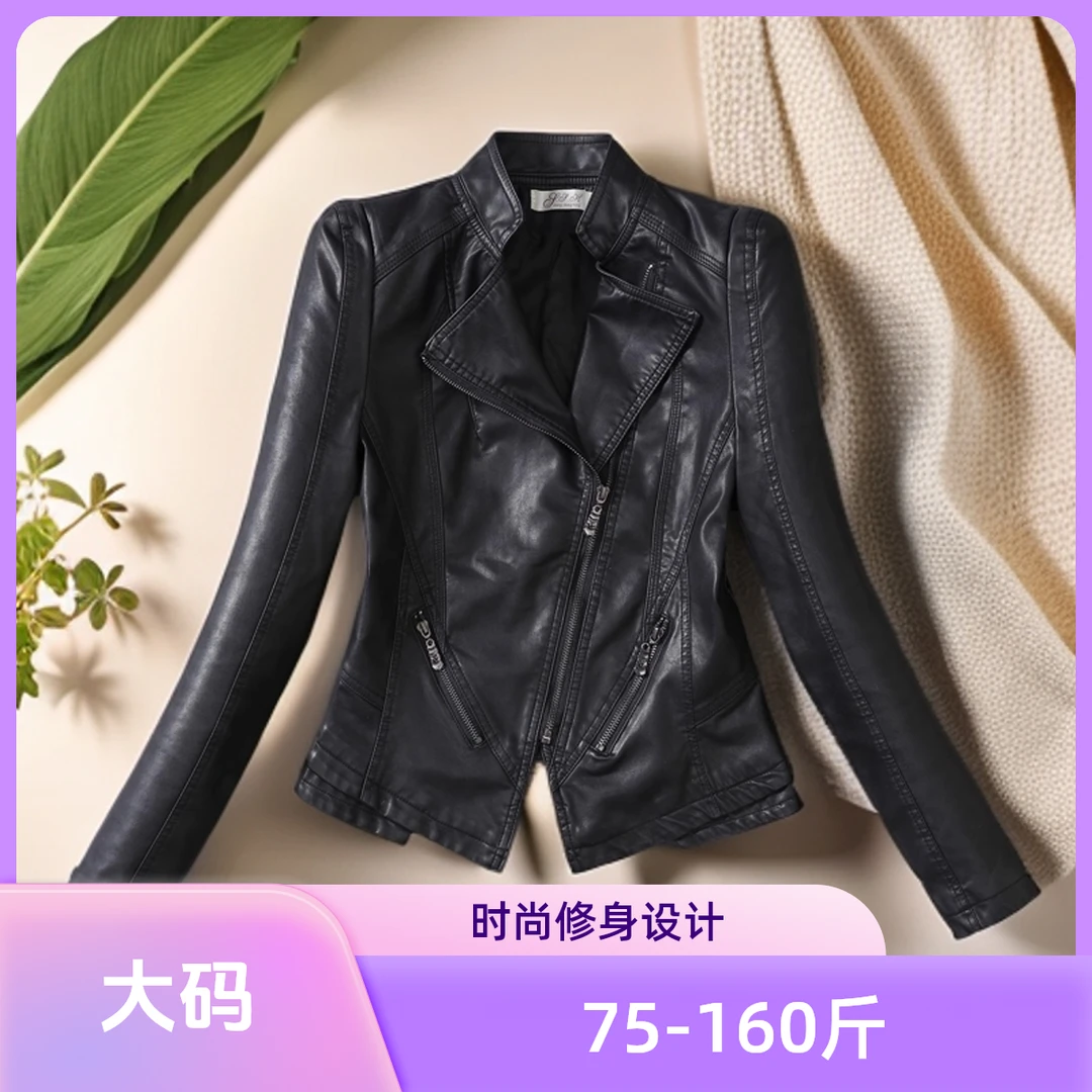 2024女士韩版百搭机车服海宁大码时尚女外套修身显瘦PU皮夹克外套