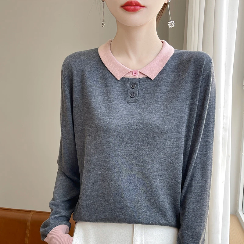 2024年品牌秋季打底衫春秋长袖时尚百搭宽松翻领套头毛针织衫