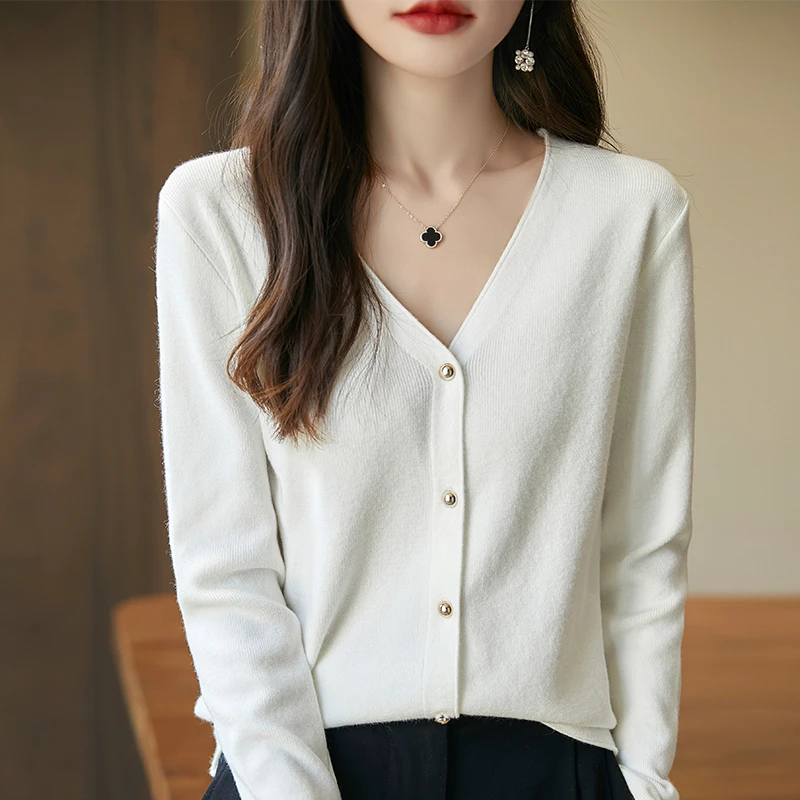 2024年品牌春秋短款纯色针织衫长袖百搭薄款宽松显瘦气质洋气v领