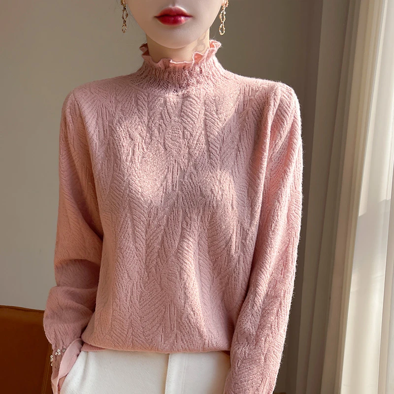 法式钩花蕾丝半高领打底衫女洋气内搭2024年品牌设计感针织上衣