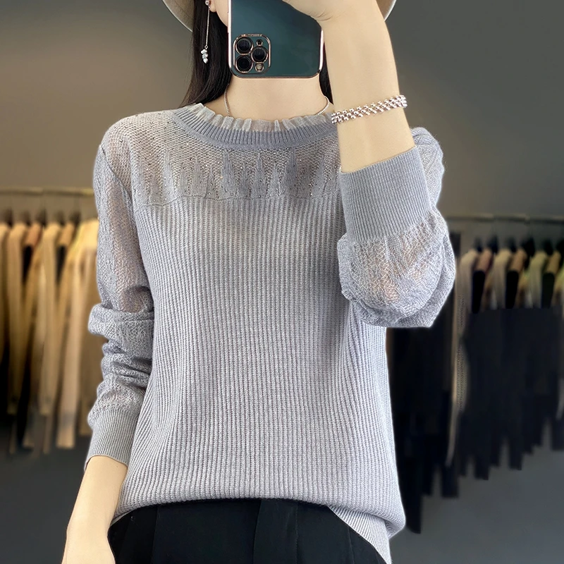 哥弟阿玛施正品春秋季蕾丝烫钻木耳领打底衫长袖针织时尚百搭镂空