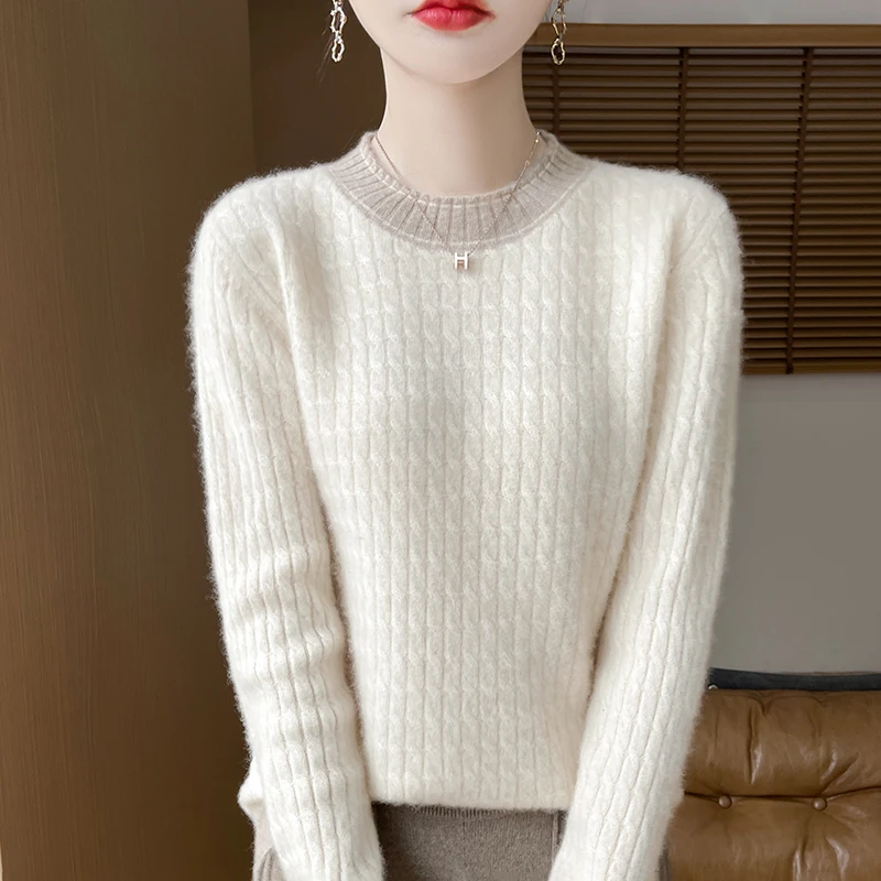 2024年秋冬品牌撞色羊毛衫针织时尚百搭圆领女士显瘦宽松长袖