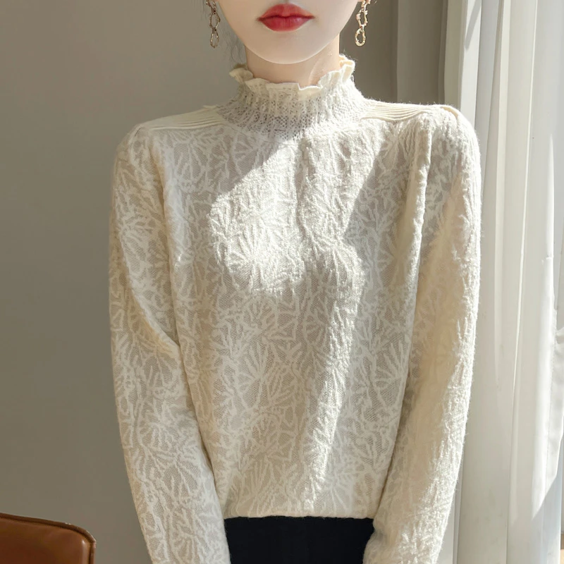 2024年秋冬打底衫针织衫长袖气质时尚百搭蕾丝套头洋气半高领