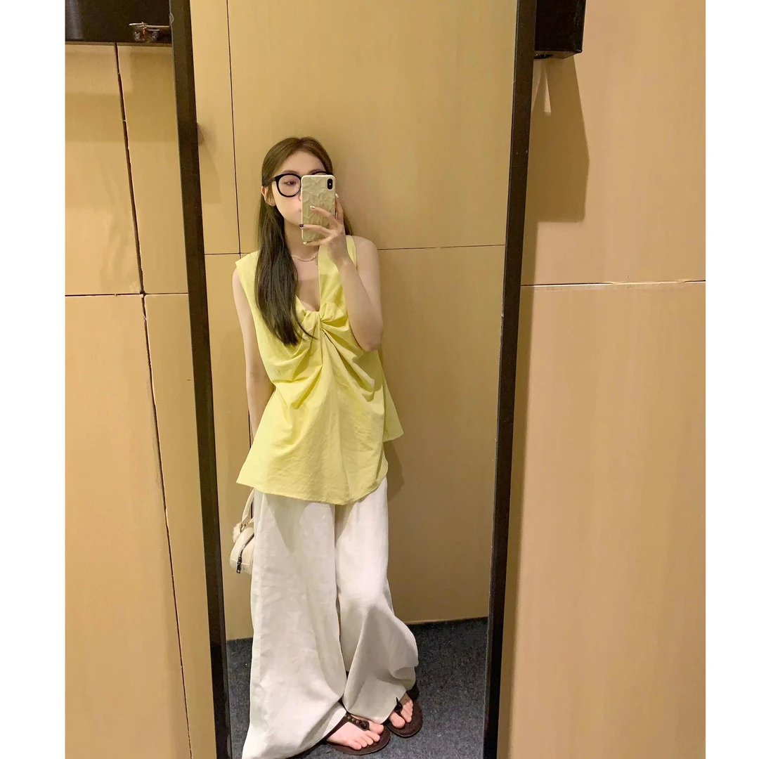扭结设计感圆领背心夏季前后正反两穿A字宽松外穿无袖黄色上衣女