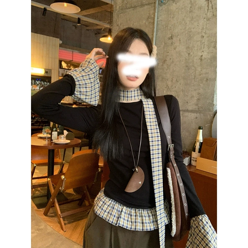 假两件复古格纹拼接黑色打底衫女秋冬洋气内搭修身长袖t恤上衣女