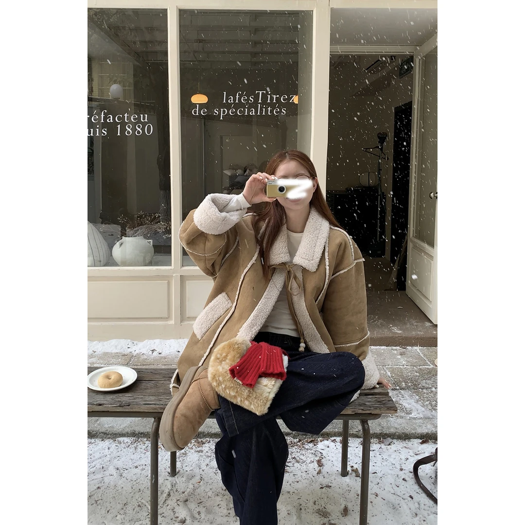 鹿皮绒外套女秋冬季2024新款爆款皮毛一体韩系百搭加厚上衣