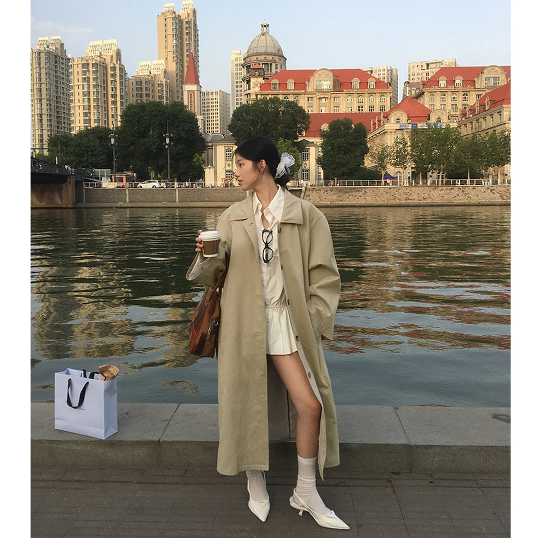米兰新款风衣外套女款春秋英伦风超好看中长款卡其色宽松休闲大衣