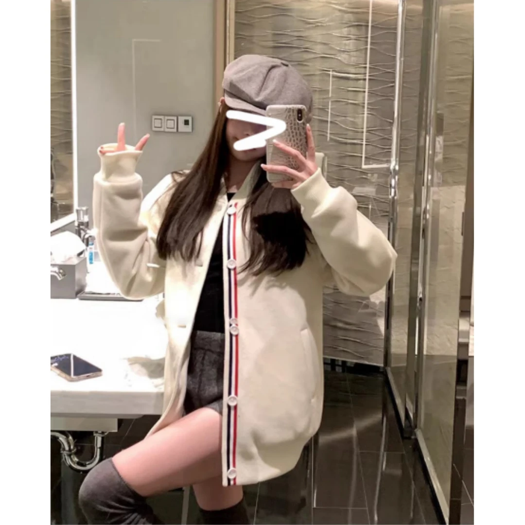 2024秋冬新款时尚百搭夹棉撞色织带单面呢休闲宽松棒球服外套女