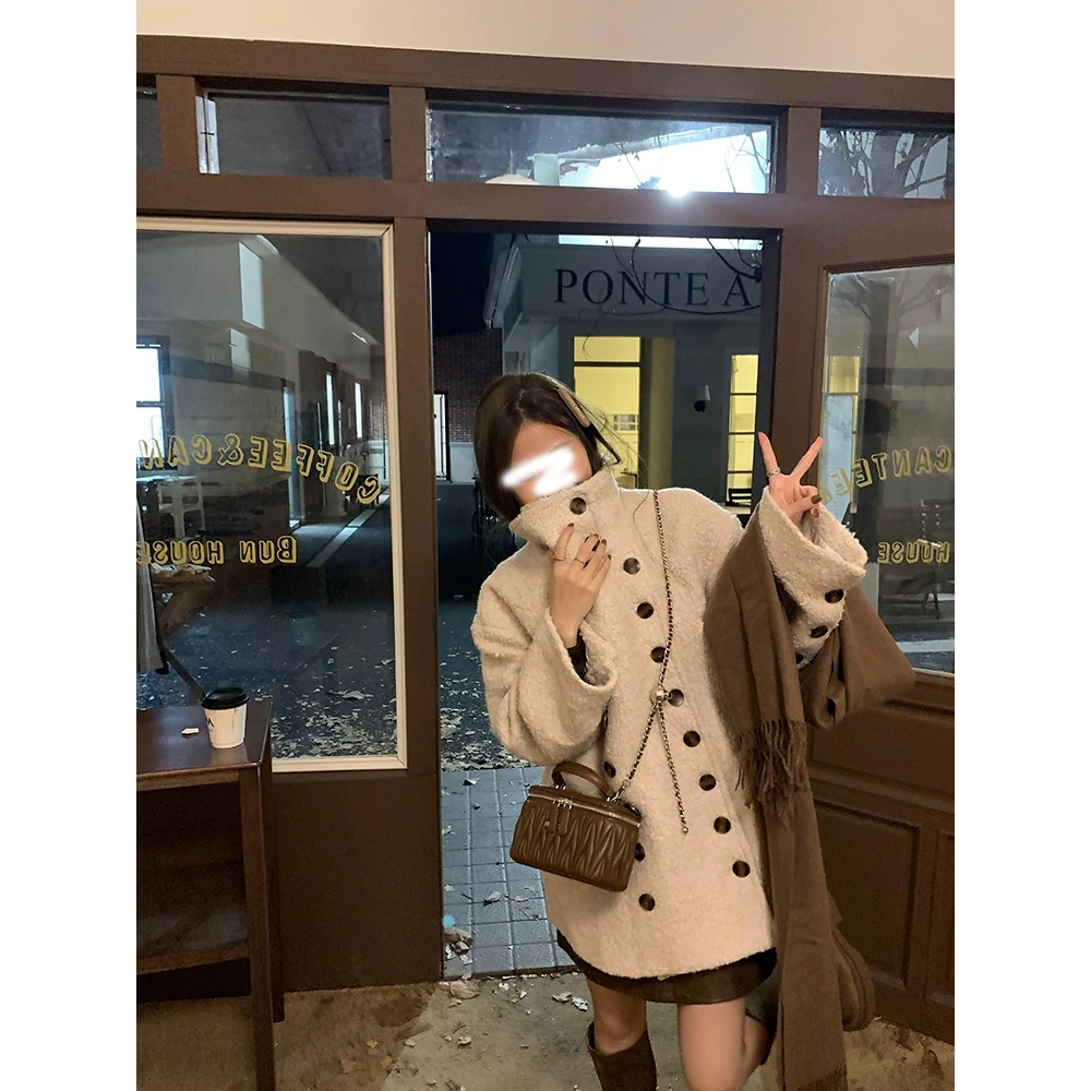 新款燕麦色双排扣圈圈毛外套女温柔毛茸茸宽松显瘦立领中长款上衣
