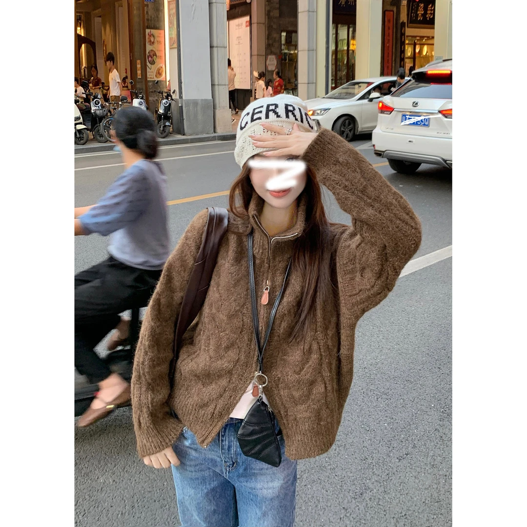 小众设计感双拉链开衫外套女秋冬季宽松长袖针织衫毛衣短款上衣潮