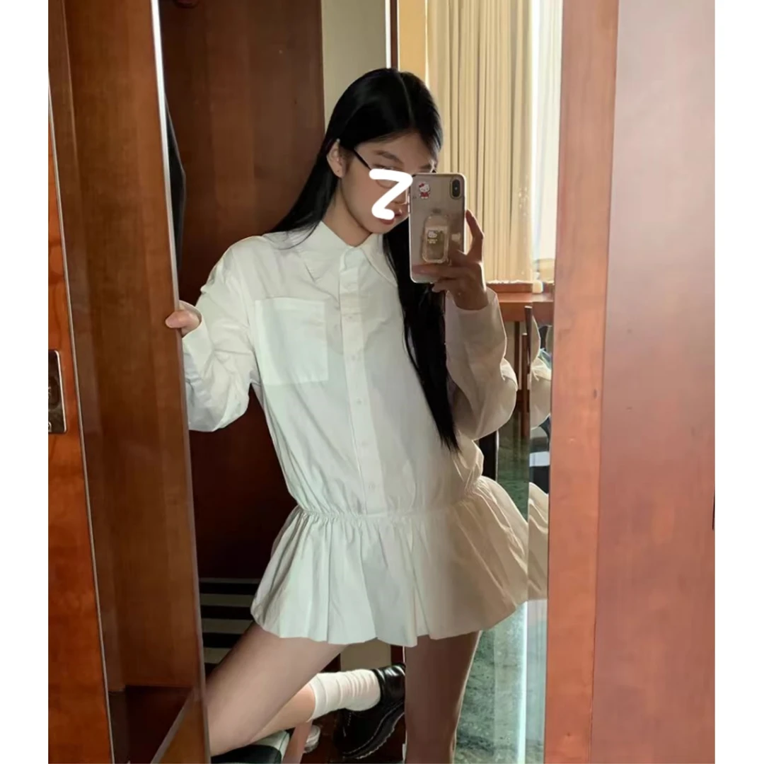 2025新款春秋白色polo领长袖连衣裙女法式气质时尚设计感小个子女