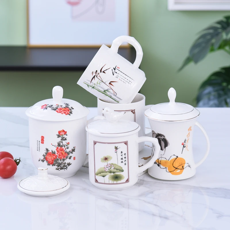 中国风陶瓷茶杯办公水杯带盖酒店会议杯家用泡茶杯子骨瓷杯礼品杯