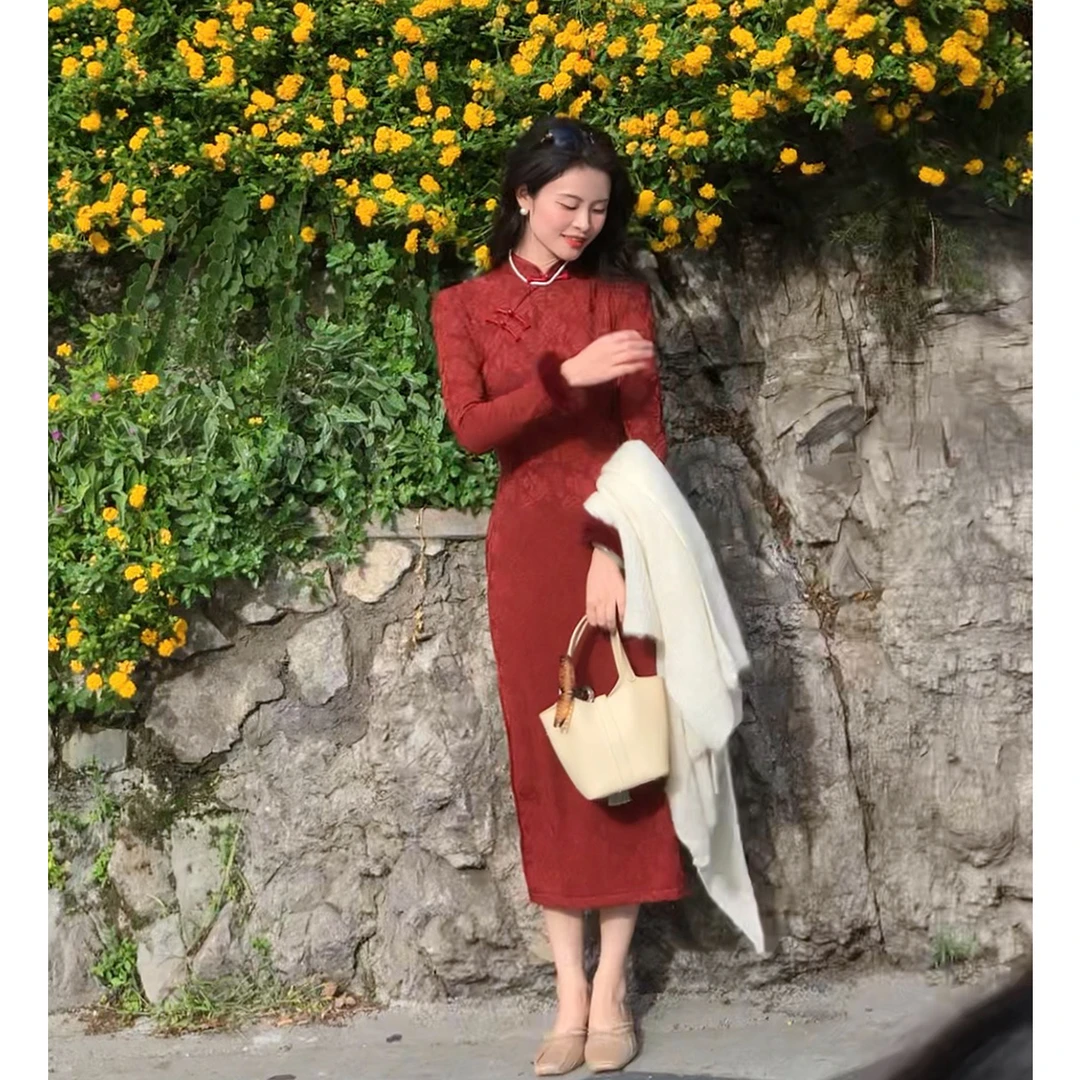 南溯集【朱砂痣】新中式复古改良弹力红色旗袍气质女长袖包臀连衣裙