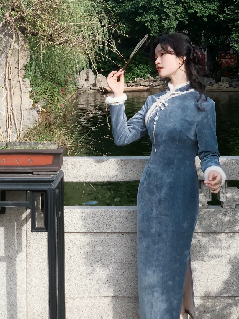 南溯集【沉璧】新中式改良旗袍毛毛雪尼尔旗袍冬加绒气质修身连衣裙