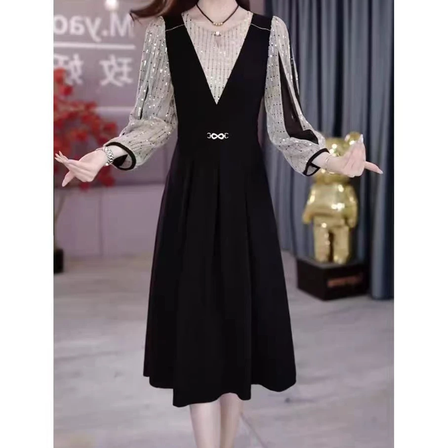 2024爆款连衣裙高级女装轻奢气场气质长袖时尚黑色收腰长款拼接款