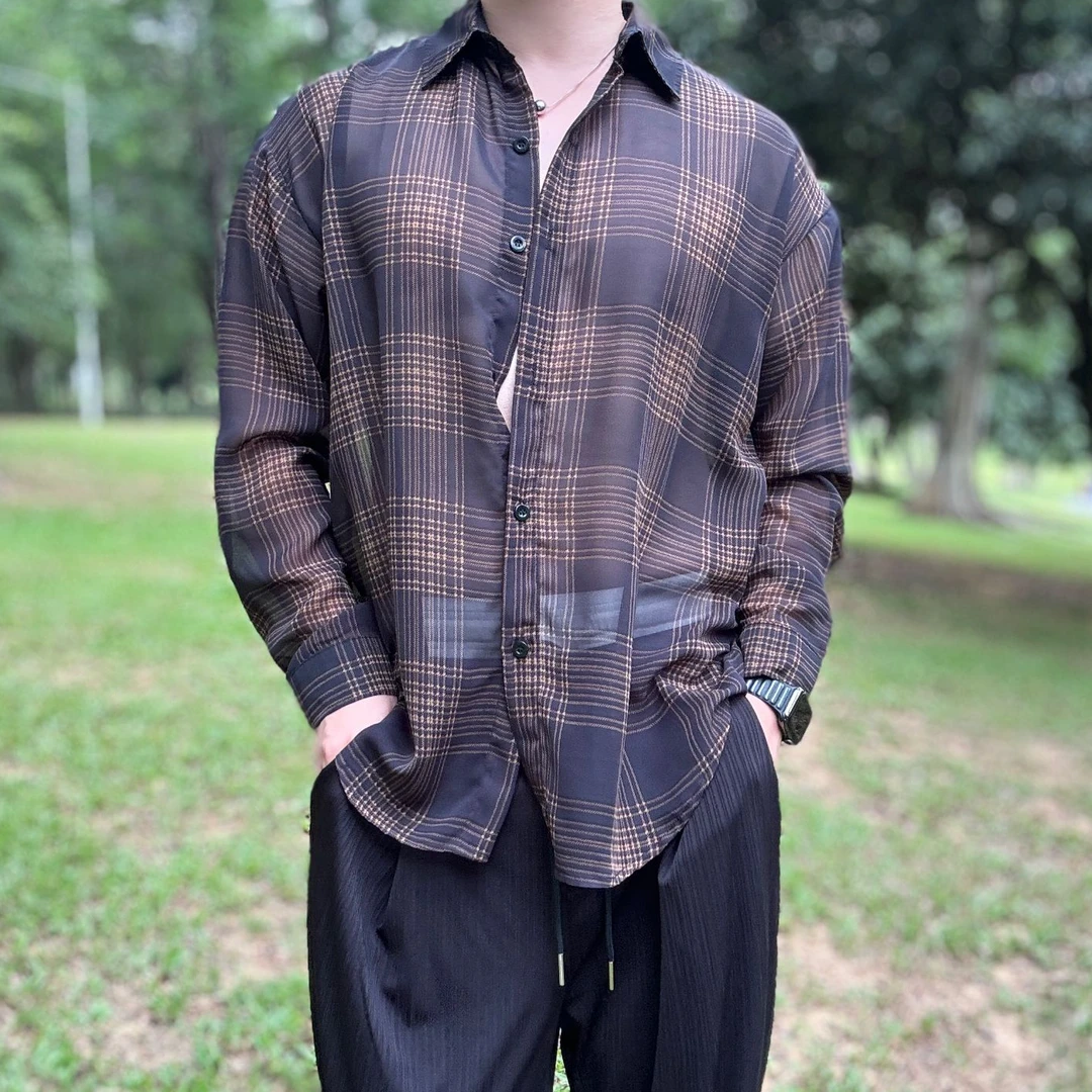 陆星家【飘纱格】超薄透气清凉夏季男士衬衫复古休闲宽松衬衣C179