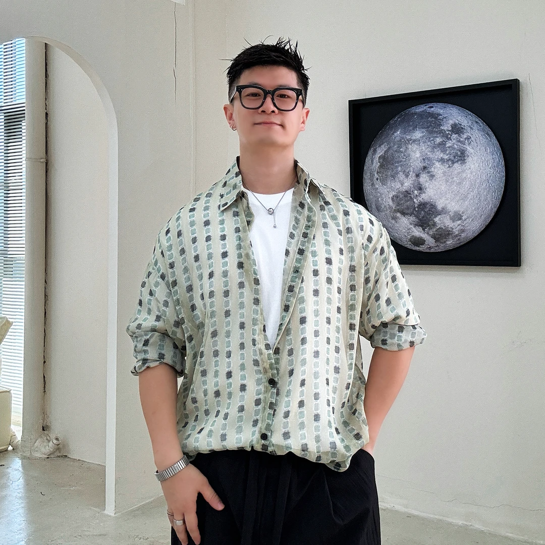 陆星家【绿茵】透明薄款夏季休闲长袖衬衫男士原创小众衬衣百搭C132