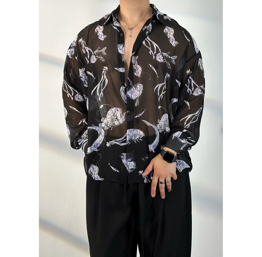 陆星家【深海】透明薄夏季休闲长袖衬衫男士花衬衣宽松痞帅个性C105