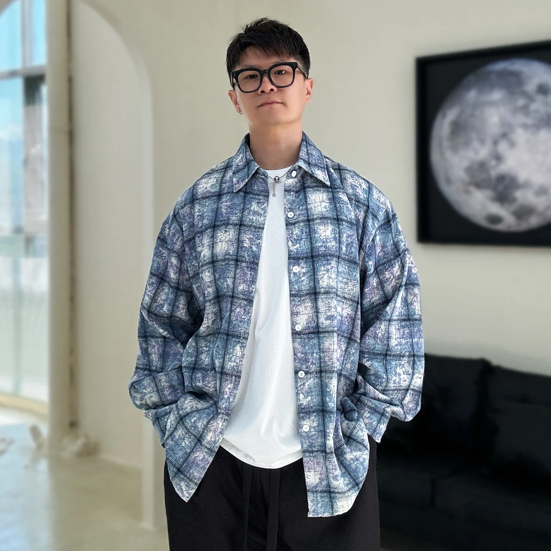 陆星家【重工扎染格】高级感压褶格子外套秋季男士宽松长袖衬衫C216