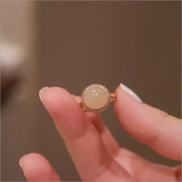 和田玉*良辰藕粉戒指*925银镀金镶嵌C21111645（多样性发其一）