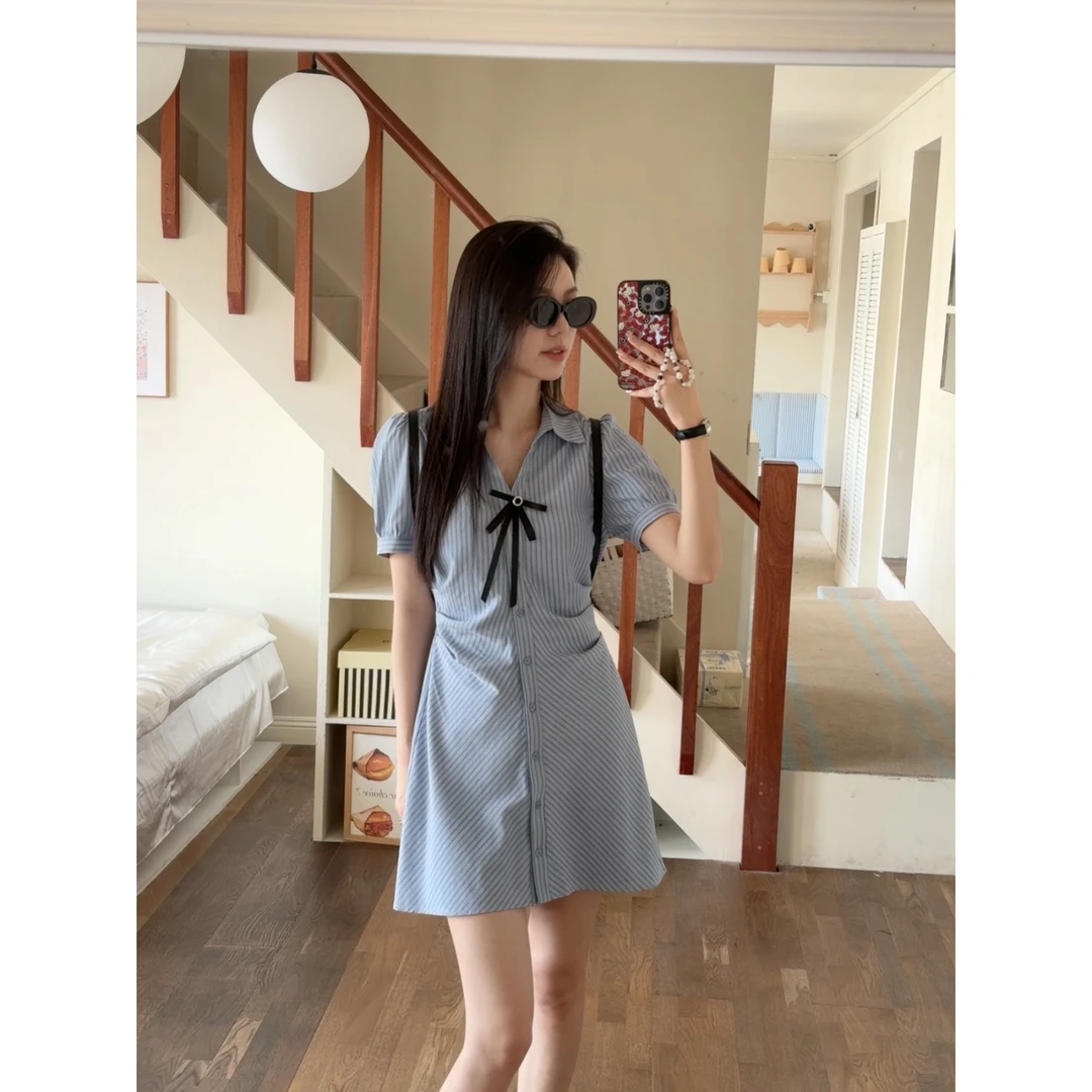 清仓【七分糖 】加长学院收腰显瘦条纹衬衫连衣裙JY386