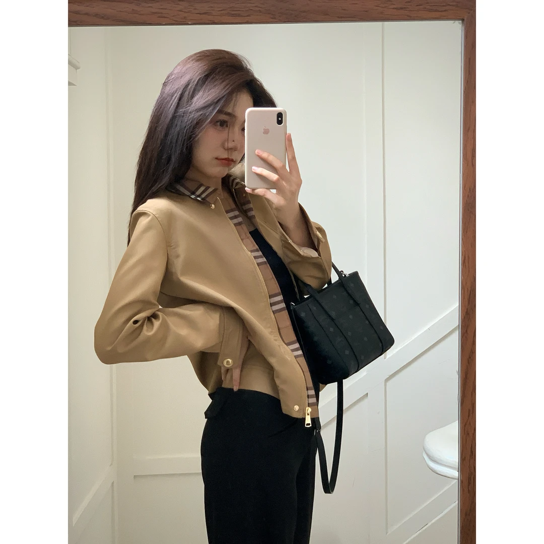 清仓《bbr英伦风》翻领夹克小香风卡其格子短款外套 AU069