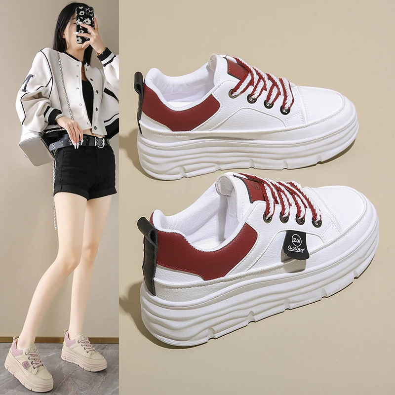 W3619新款透气女鞋2024秋季拼色厚底内增高皮面休闲鞋时尚女板鞋