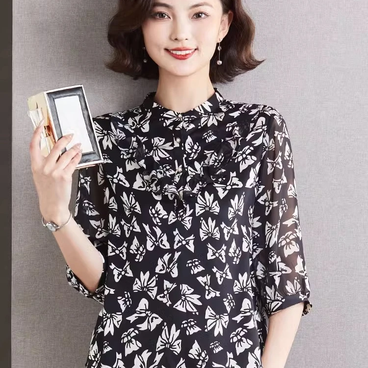 重磅时尚绸t恤女2025夏新款大码百搭木耳边减龄OL印花桑蚕丝上衣