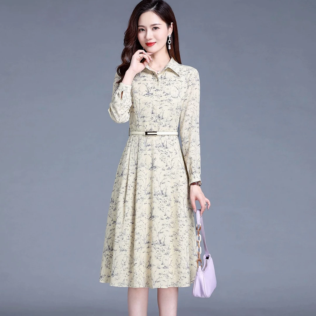 2025年春季复古小众爆款长裙气质显瘦洋气长袖打底系带百搭连衣裙