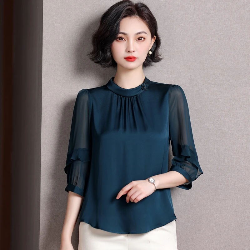 重磅真丝衬衫女高级感五分袖通勤气质衬衣桑蚕丝新款纯色立领上衣
