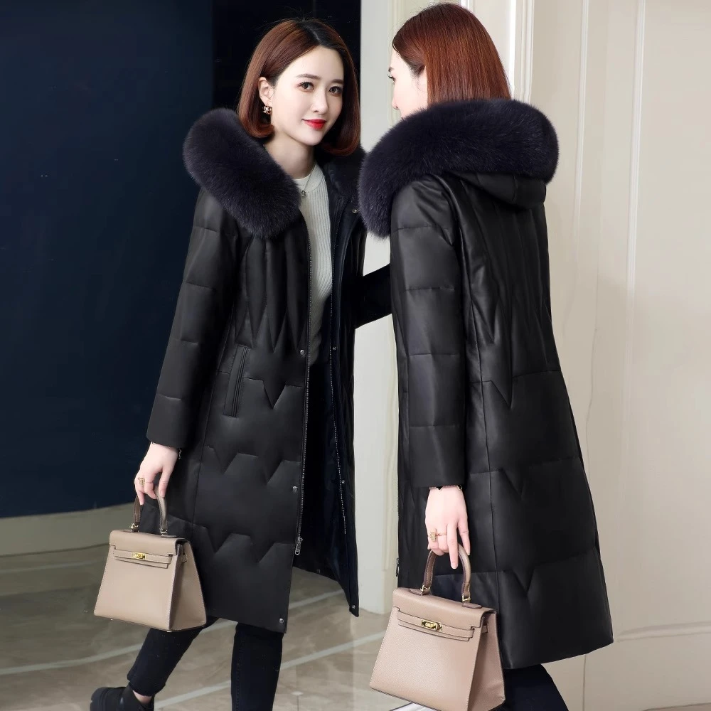 海宁皮草绵羊皮真皮羽绒服女中长款修身2025新款狐狸毛领外套加厚