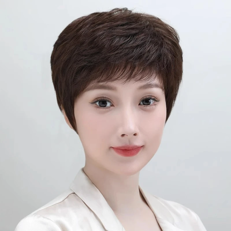 假发全头套女短发中老年女士真发自然蓬松全真人发丝妈妈款假发套