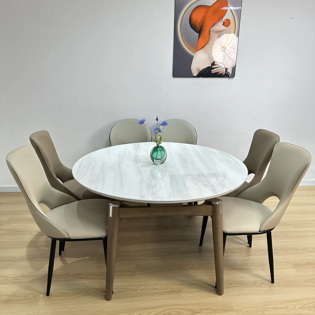 中古风可伸缩方圆家用实木餐桌科技石高档方圆可折叠餐厅饭桌