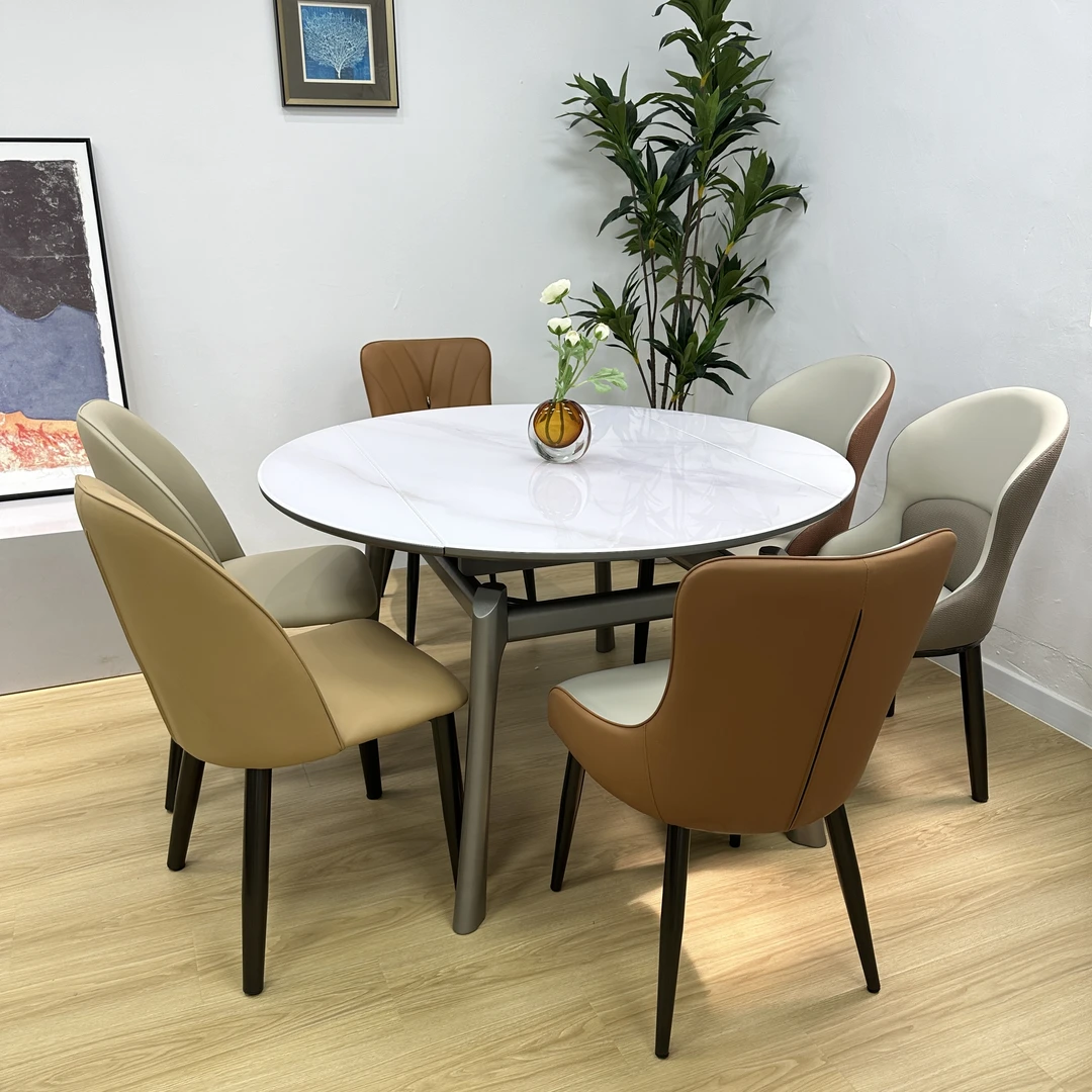 现代轻奢家用餐桌折叠方圆两用伸缩餐桌玉晶石台面橡木餐桌