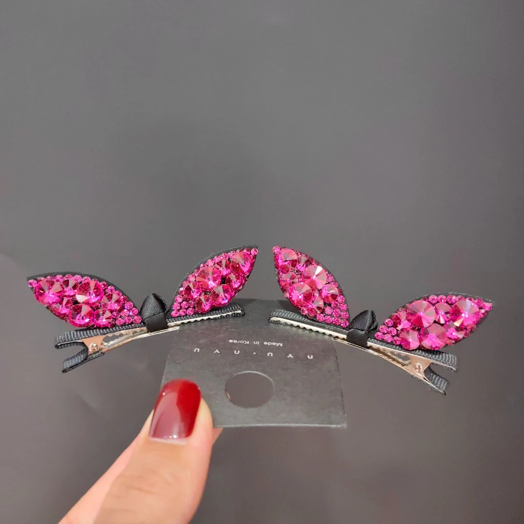 韩国s家水晶卡通鸭嘴夹兔耳朵鸭夹高档女生猫耳朵发夹刘海夹侧边