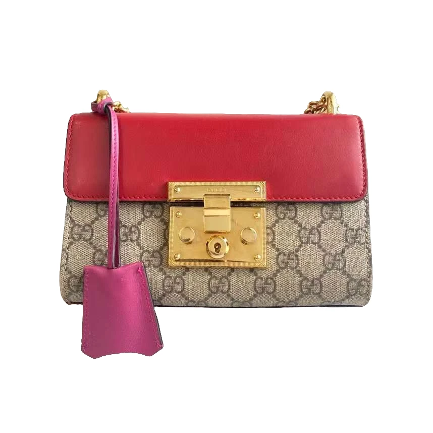 99新 GUCCI/古驰 红色拼皮月光宝盒链条包单肩包