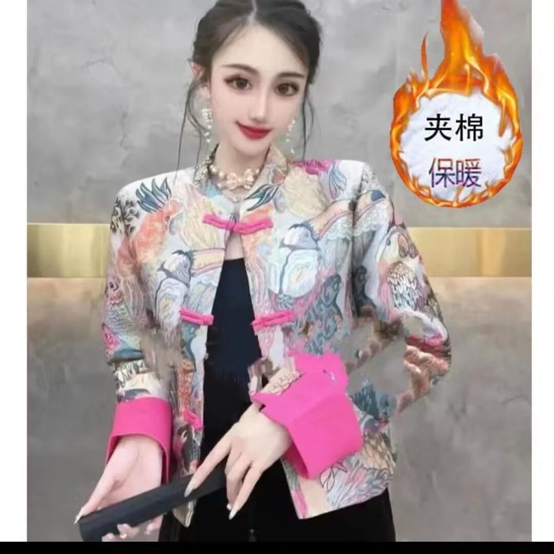 中式国风重工印花外套复古中式时尚立领秋冬加棉百搭薄棉衣女