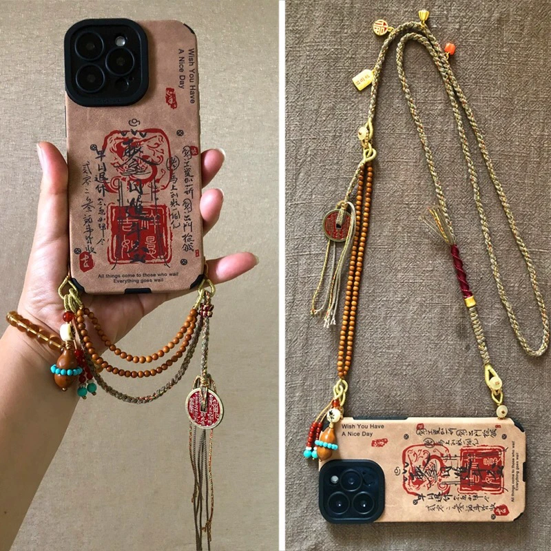 适用苹果15promax斜挎肩中国风手机壳iphone16141312底坠侧提两用