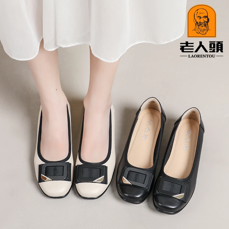 老人头职业工作鞋女真皮2025夏季新款透气妈妈鞋软底平跟女单皮鞋