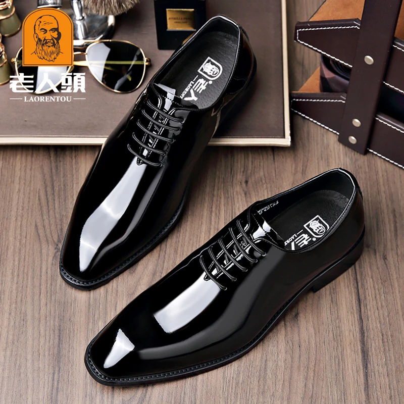 老人头皮鞋男士真皮秋季新款黑色商务正装皮鞋英伦尖头新郎结婚鞋